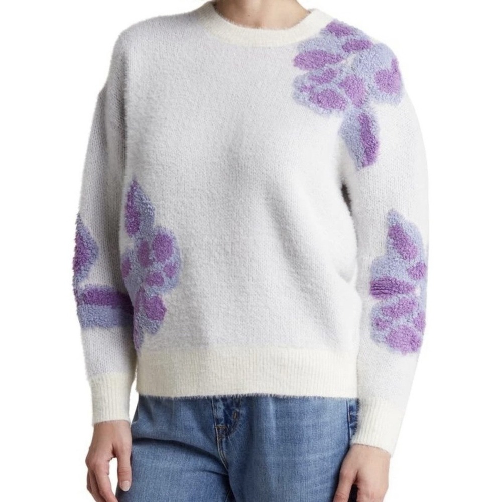FRNCH Paris Pullover Sweater Sz M Off White Purple Fluffy Flowers Crewneck